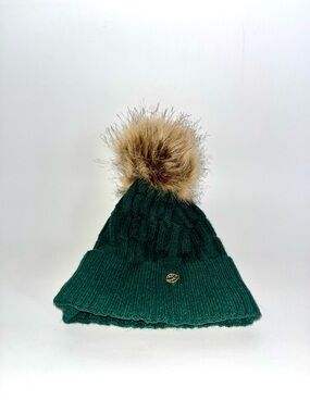 Calvin Klein Dark Green Cable Knit Pom Beanie with Faux Fur Pom